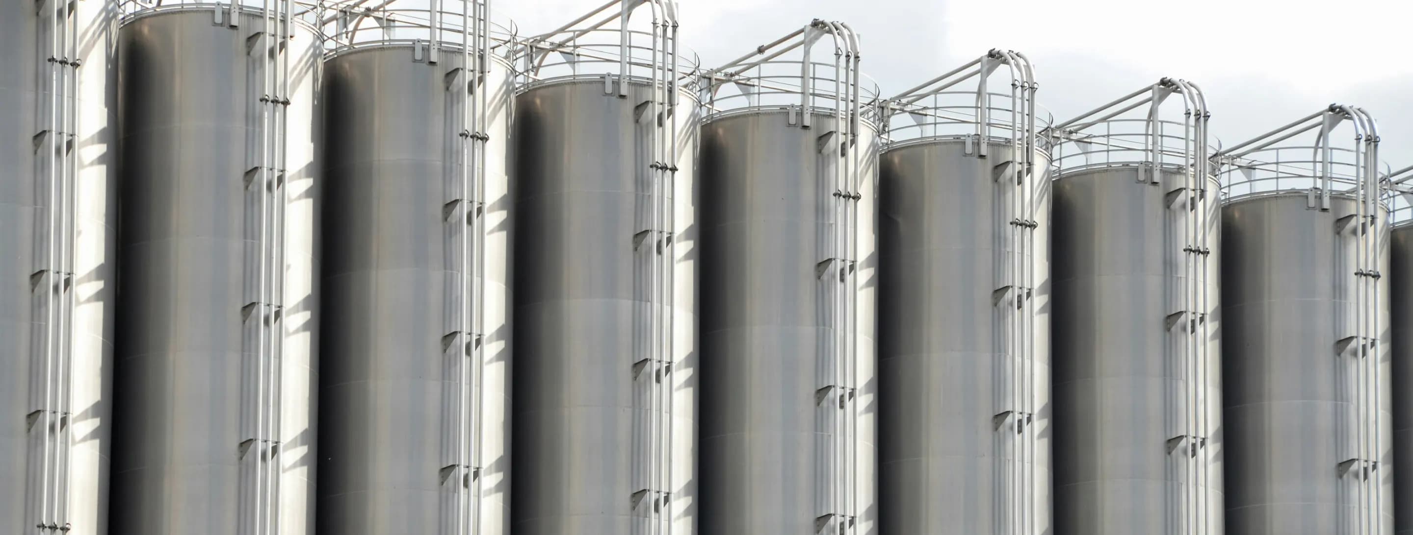 Row of stainless steel storage silos